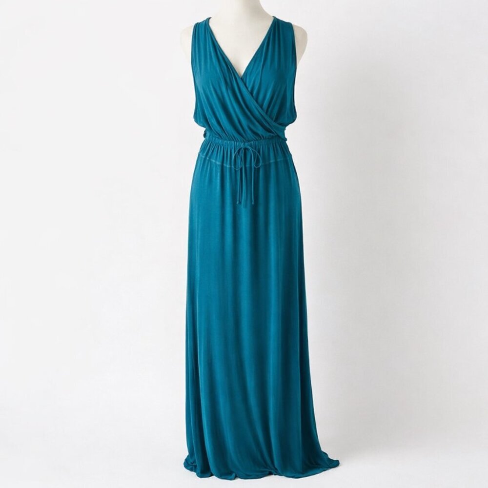 Splendid Faux Wrap V Neck Floor Length Romantic Flattering Waist Dress Resort - Picture 4 of 11